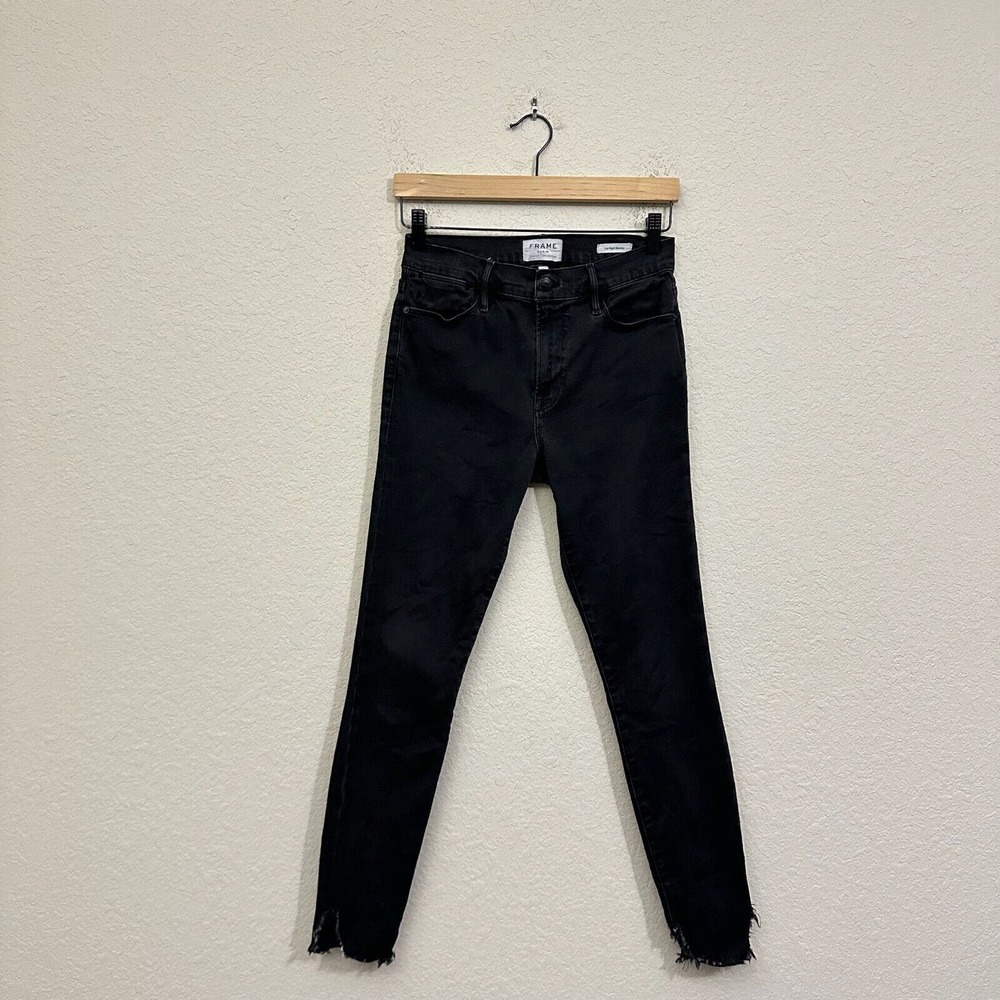 FRAME Le High Skinny Ripped Raw Hem Ankle Jeans in Washed Black